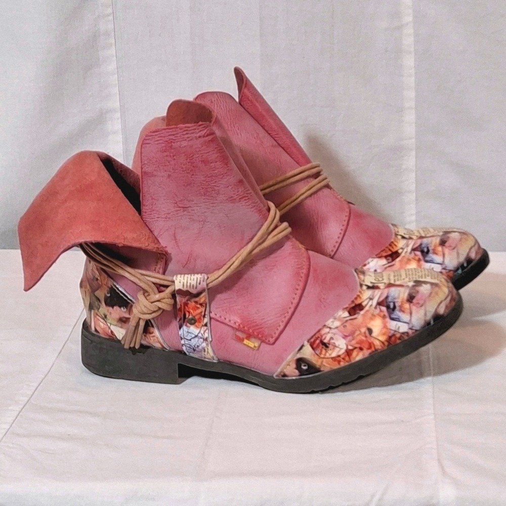 Pink Leather Newspaper Print Wrap Tie Ankle Boots EUR 38 Womens 7.5